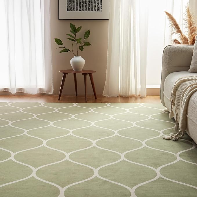 Amazon Basics Thin Indoor Area Rug, Geometric Printed Washable Home Decor Carpet for Living Room Bedroom, 8' W × 10' L, Green Geometric