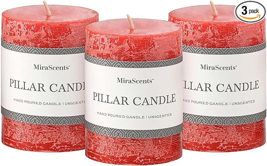 3x4 Inch Bright Red Pillar Candles Set of 3 - Hand-Poured Unscented Candles, Long Clean Burning, Large Big Candle, Smokeless Dripless Candle for Dinner Table, Wedding, Home, Rustic Decor