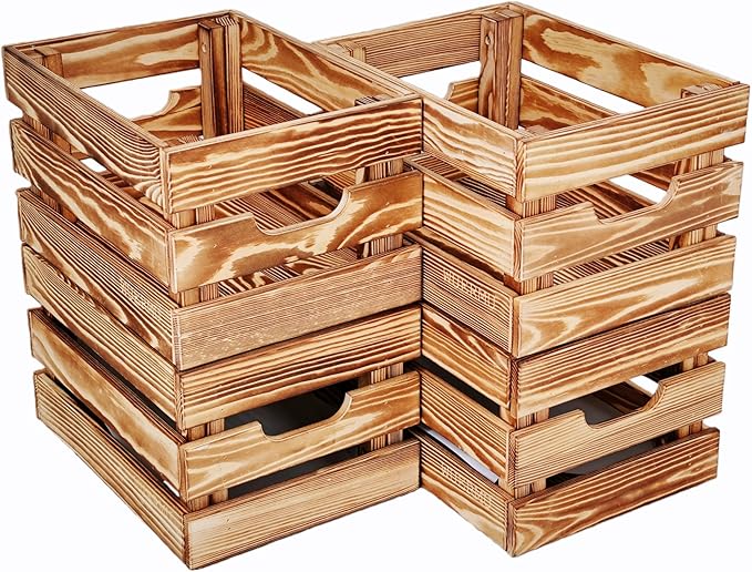 Flame-Treated Wood Crates, Rustic Brown Storage Boxes Set of 4 for Organization, Tool Storage, Wine or Camping, 12.2 Inch Multi-Purpose Crate.