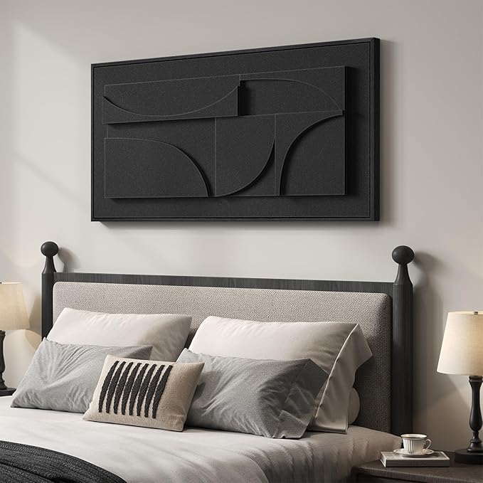 Large Framed 3D Textured Abstract Wall Art for Living Room, Horizontal Black Geometric Paintings Artwork for Walls, Modern Minimalist Pictures for Bedroom Dining Room Home Office Wall Decor 30x60