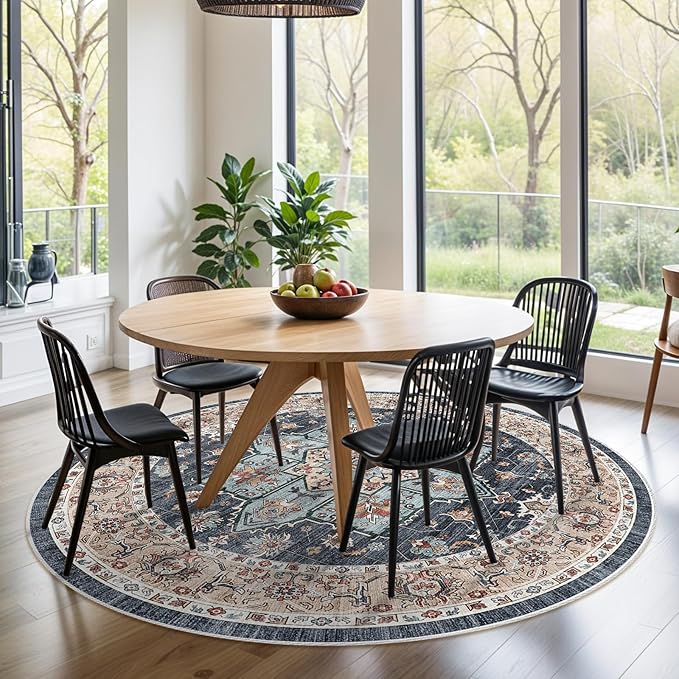 TOPRUUG Washable Oriental Area Rug - 4ft Round Rugs for Living Room Soft Carpet for Bedroom Waterproof Floral Distressed Indoor Stain Resistant Non-Shedding Floor Carpets (Blue/Teal/Orange, 4ft-Round)
