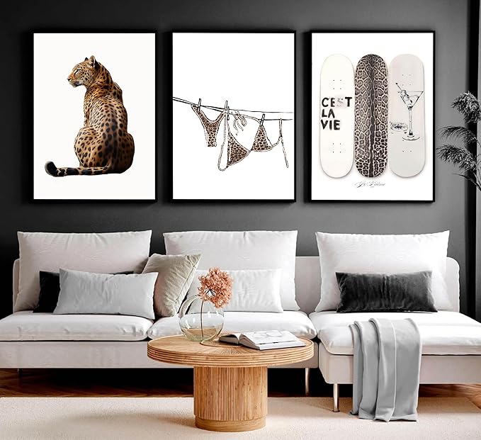 3Pcs Trendy Leopard Print Canvas Wall Art Stylish Female Aesthetic Poster Cheetah Printed Preppy Fashion Skateboard Picture Wall Decor for Bedroom Apartment Dorm Living Room Home Decoration Unframed