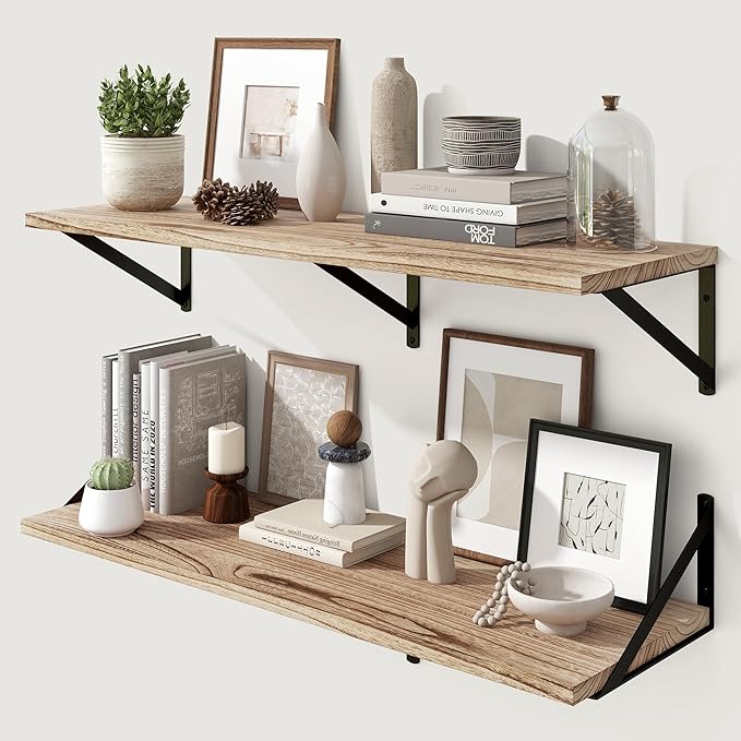 Marsmiles Deep Floating Shelves for Wall - 36 Inch Wide x 12 Inch Deep Wall Shelves Set of 2 - Rustic Wood Floating Shelves for Living Room Bedroom Bathroom