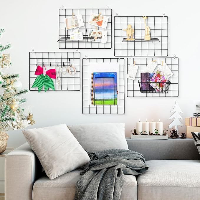 6 Pack 16 x 12 Inch Black Wall Grid Wire Panel with Accessories 1 Black Hanging Wire Basket, 1 Shelf, 1 Hook Rack, 2 Letter Sorter Shelf, 20 Clips, 12 Non Trace Nail, 2 Hemp Rope, Photo Home Decor