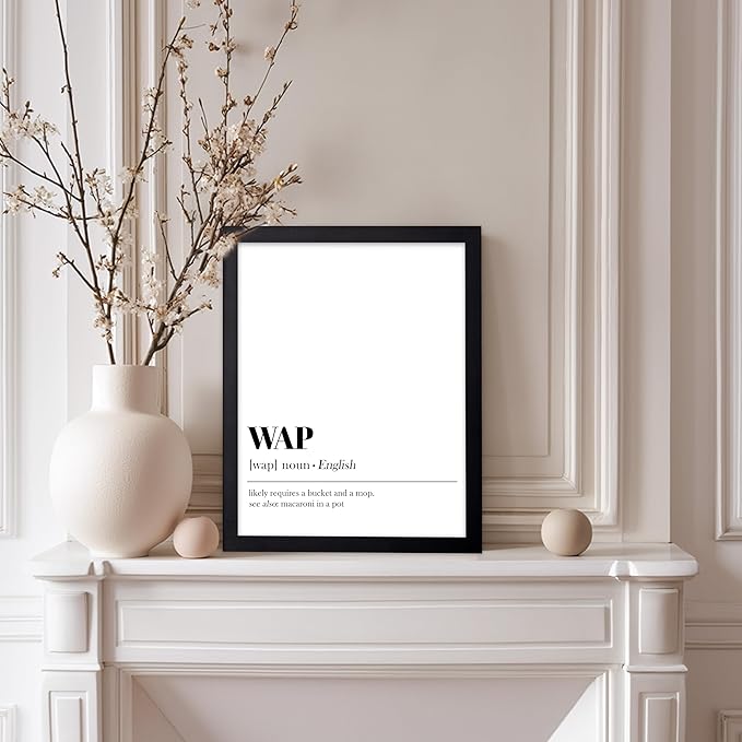 Poster Master Typography Poster - Dictionary Print - WAP Definition, Wet, Requires Bucket and Mop, Minimal, Funny - Gift for Girl, Friend - Wall Decor for Home, Bedroom, Dorm, 11x14 Black Framed