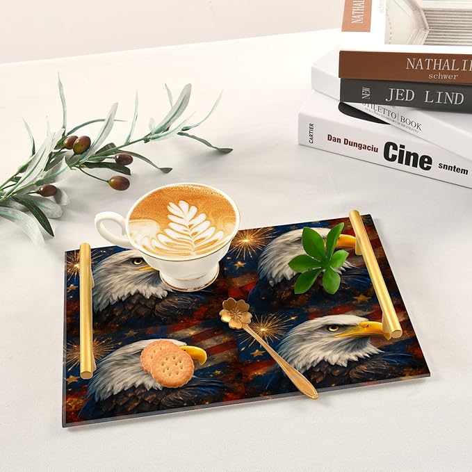 CEBUGI Bird Acrylic Decorative Coffee Table Tray Ottoman Tray with Anti Slip Pad Serving Tray with Gold Handles for Bathroom Living Room,7.87 x 11.81in