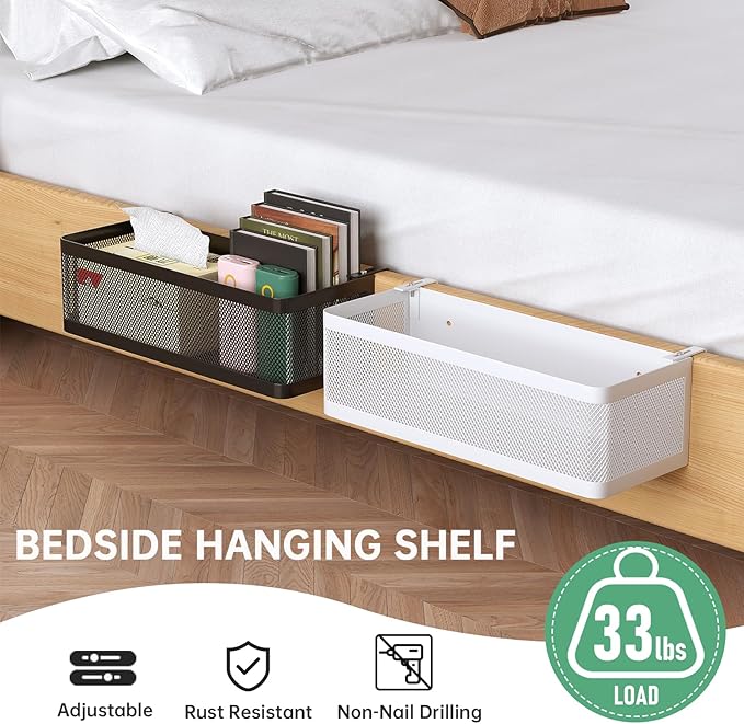 Bedside Caddy Shelf for Bunk Bed, Office Cubicle Walls, Crib Rails, Dorm Bed College Dorm Room Essentials Bed Shelf for Cell Phone Headphone Magazine Snacks(White, L13.78in*W5.12in*H3.94in)