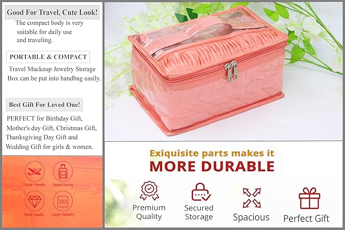 atorakushon Satin Transparent Makeup Pouches Case Cosmetic Necklace Earrings Jewellery Box Travel Organizer For Women Peach with 10 Pouch
