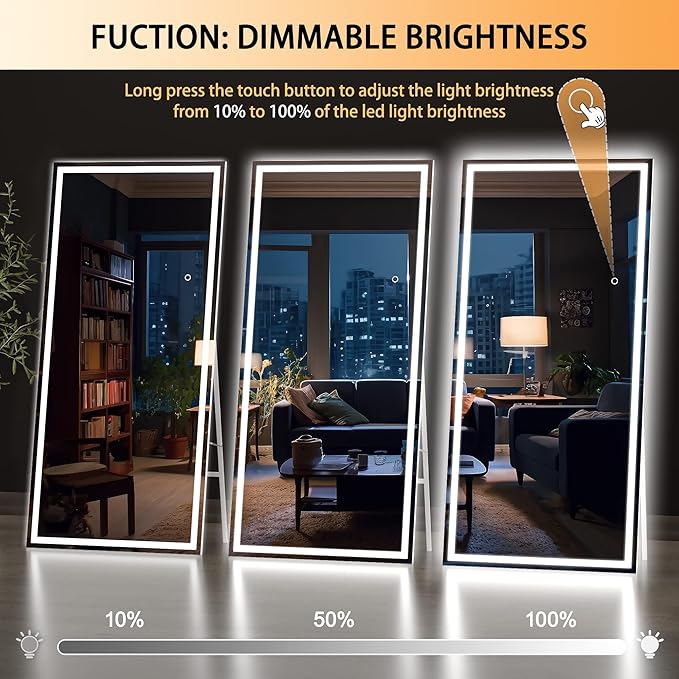 Hasipu Full Length Mirror with Lights, 79" x 32" LED Lighted Floor Standing, Full Body Dressing Hanging Mounted Mirror, Tempered Glass, Square White