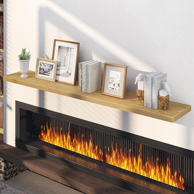Fun Memories 66 Inch Floating Shelves, 12 Inch Deep Wall Shelf for Fireplace Mantel, Oak Deep Storage Shelves for Home & Office, Long Floating Shelf with Invisible Bracket, Set of 2