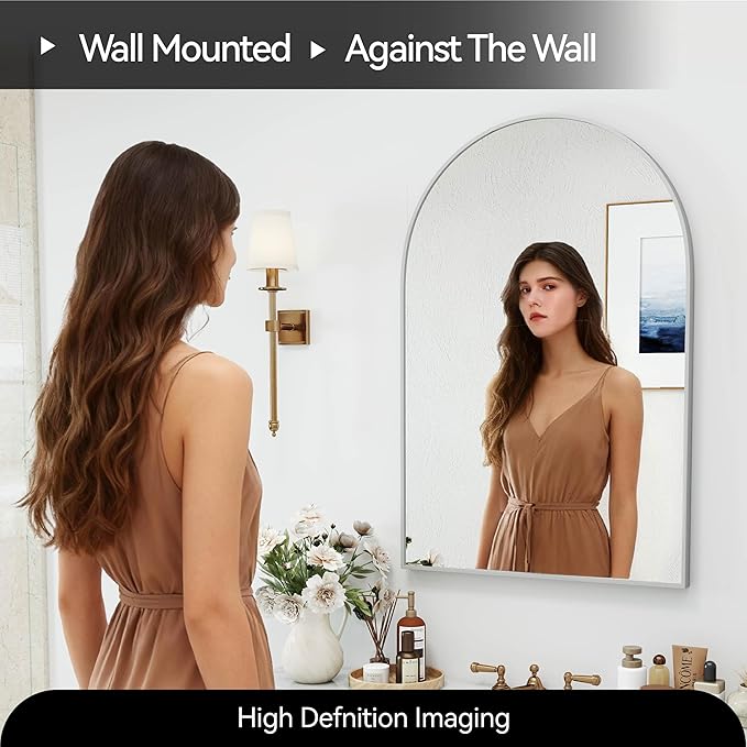 SCWF-GZ 24x36 Arch Mirror Square Full Length Wall Mounted Hanging or Against Wall Metal Aluminum Alloy Frame Dressing Make-up Mirrors for Entryway Bedroom Bathroom Living Room 24 36 inch Silver