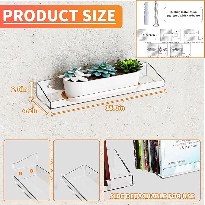 Yieach Clear Acrylic Shelves for Wall with Adhesive,4 Pack 15" Floating Shelves for Bedroom,Room or Bathroom Wall Organizer,Wall Storage & Display Shelf for Funko Pop,Lego,Action Figures,Perfume Shelf