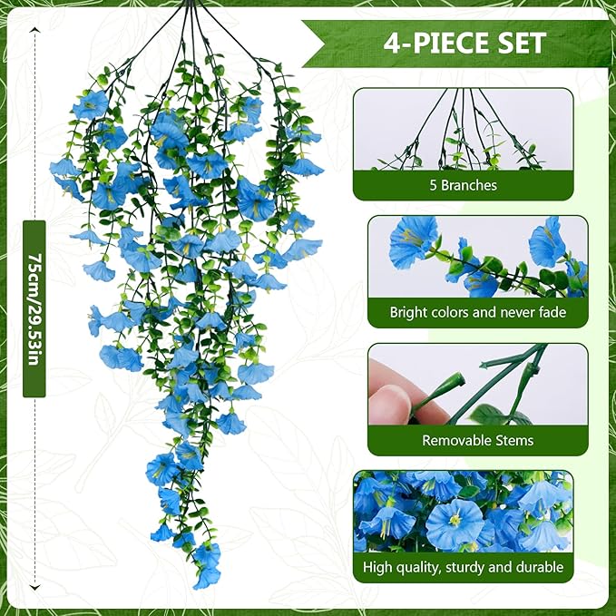 4-Pack Fake Hanging Plants, Faux Hanging Plant Artificial Greenery for Living Room Bedroom Boho Wall Shelf Indoor Outdoor Decor (Blue Morning Glory)