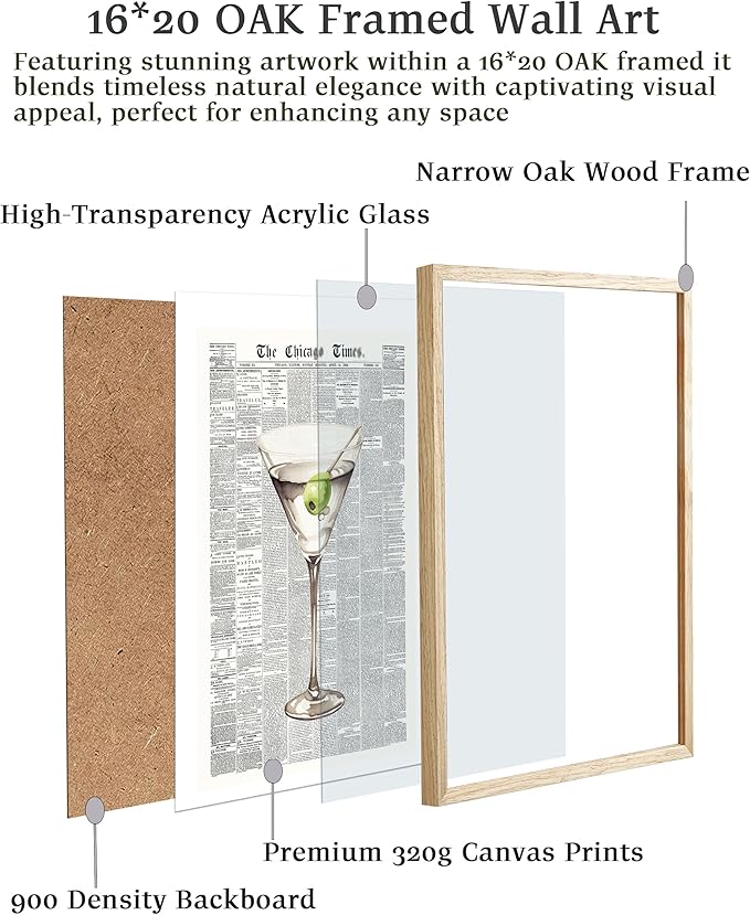 EcoHest Trendy Newspaper Martini Framed Wall Art, 16x20 in Large OAK Wood Retro Bar Cart Canvas Art, Magazine Aesthetic Apartment Art, Beige Logs Funky 70's Set of 1 for Bedroom Living Room