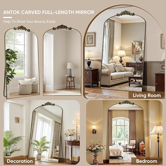 Antok Arched Full Length Mirror, 72"x44" Floor Mirror with Carved, Full Body Mirrors for HomeDecor, Standing/Halling Large Wall Mirror for Bedroom, Living Room, Cloakroom, Bronze, Retro Style