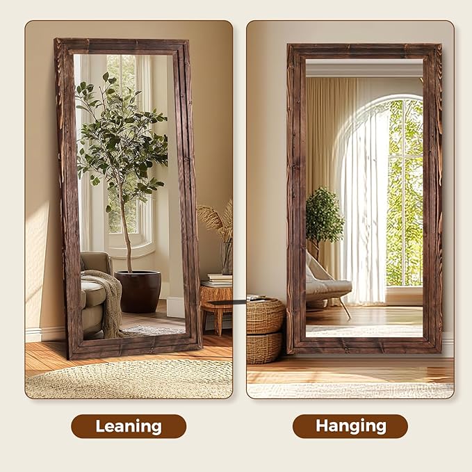 Full Length Wood Mirror 71x30 - Rustic Solid Wood Floor Mirror with Triple Layer Frame, HD Tempered Glass, Wall Mounted or Leaning Standing Mirror Vintage Brown Mirror for Bedroom Bathroom Living Room