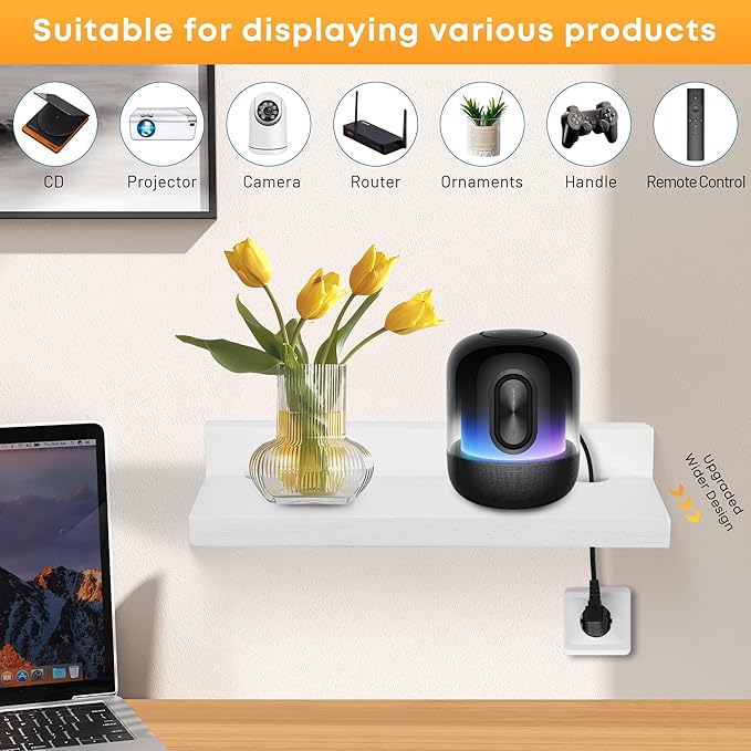 Small Floating Shelf for Wall,9X5 Inch Wall Mounted Shelf with Cord Hole,Small Display Shelves for Cameras, Webcam, Router,Smart Speaker,Action Figures-2 Pcs(White