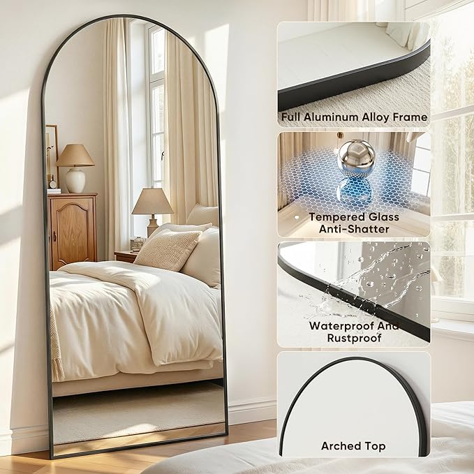 Antok Full Length Mirror, 58"x18" Floor Mirror with Stand, Hanging Mounted Mirrors for Bedroom, Living Room, Cloakroom, Dining Room, Black, Arched