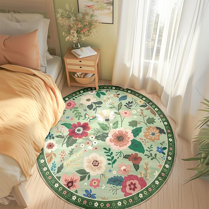 RELEANY Floral Nursery 6ft Area Rugs Washable Print Boho Cute Carpet Non Slip Flower Low Pile for Living Room Kids Girls Playroom Bedroom Kitchen Office Farmhouse-Light Green