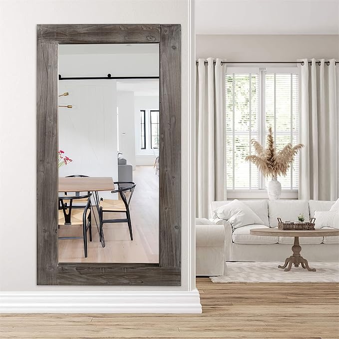 NeuType Floor Mirror Full Length, 71x32in Rustic Wood Frame Full Body Dressing Mirror, Wall-Mounted or Leaning Against Wall Standing Mirror, Farmhouse Decor for Bedroom Living Room, Charcoal Grilled
