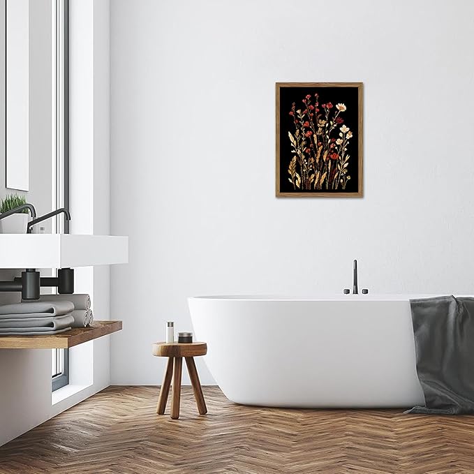 Framed Bathroom Wall Art, Dark Botanical Floral Canvas Wall Decor, Rustic Flower Prints Paintings, Vintage Wildflower Artwork Picture for Bathroom Bedroom Living Room 12x16 Inch