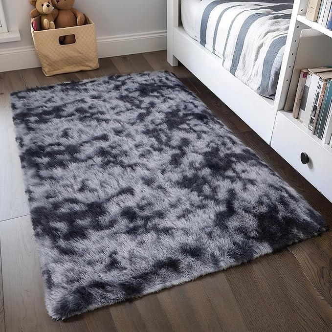 KICHOWUA 3x5 Dark Grey Fluffy Shag Rug for Bedroom, Soft Plush Fuzzy Washable Floor Non Slip Small Carpet for Living Room, Modern Comfy Furry Shaggy Area Rugs for Kids Baby Nursery Dorm, Tie-Dye Gray