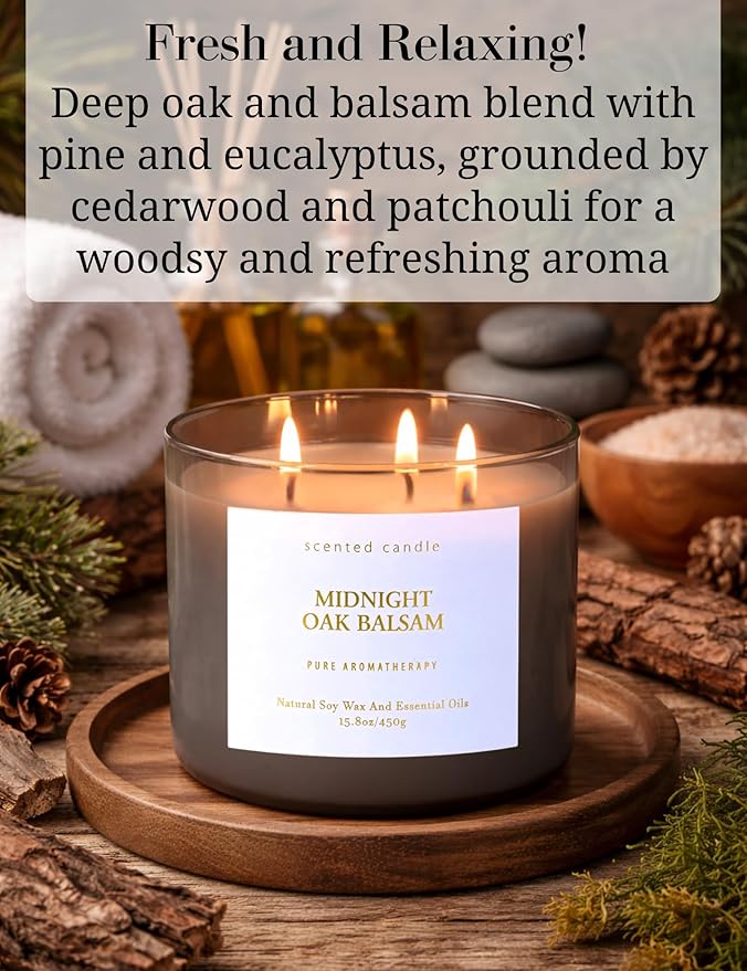 Midnight Oak Balsam 3-Wick Scented Candle | 15.8 oz Large Balsam Cedar Woodsy Soy Wax Candle for Home | Forest Calming Scented Candle | Clean Burning, Long Lasting | Candle Gift for Men & Women