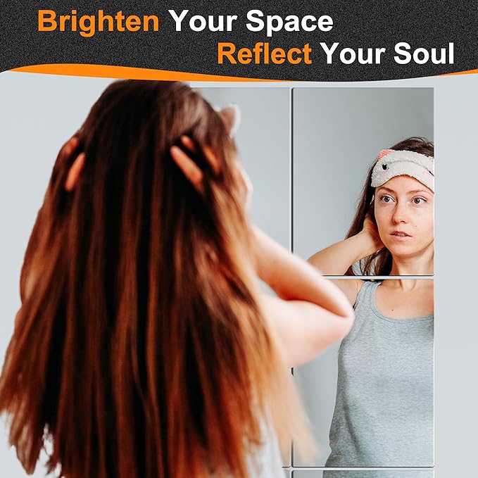 Delma Frameless Mirror Tiles 16"x12"x8 Pcs Wall Mounted, Shatter Resistant Full Length Tempered Glass Panels for Home Gym Bathroom Bedroom & Living Room Decor