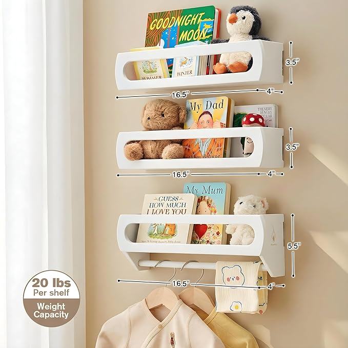 Nursery Shelves for Wall, Premium Bamboo Wood, Fully Assembled - Nursery Book Shelves, Book Shelf for Kids Rooms, Multi-Use Floating Shelves for Wall, Set of 3 (White, 16.5 Inches)