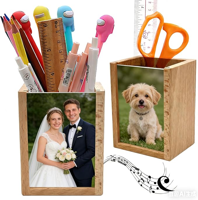 Solid Wood Pen Holder Photo Frame Wind Up Music Box for Desk, Multi Purpose Pencil Cup Makeup Brush Holders Organizers for Work and Study, Home, School, Office Desktop