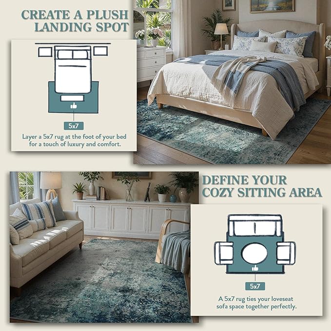 Lahome Modern Abstract Area Rug 5x7 Rugs for Living Room, Washable Accent Bedroom Rug Low Pile Non-Slip, Indoor Floor Contemporary Carpet for Kitchen Bathroom Laundry,Blue/Grey