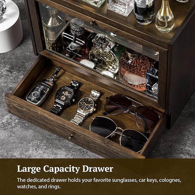 Emfogo Cologne Organizer for Men, Solid Wood Perfumes Organizer for Men Dresser, Large Capacity Dustproof Cologne Holder with Drawer Storage Perfume Stand Organizer, Ideal Gift for Loved ones