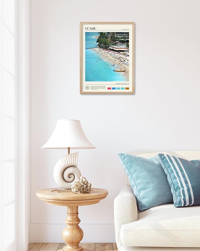 HesenDot Natural OAK Wood Oahu Hawaii Framed Wall Art,12x16in Tropical Beach Canvas Wall Print, Modern Coastal Ocean Wall Decor for Living Room Bedroom Office Gallery, Set of 1
