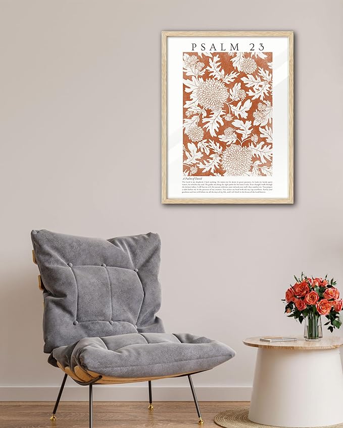 EcoHest Christian Bible Verse Framed Wall Art, Large 16x20 in OAK Wood A Psalm of David Canvas Wall Art, Psalm 23 Orange Faith Home Decor, Thanksgiving Scripture Set of 1 for Bedroom Living Room