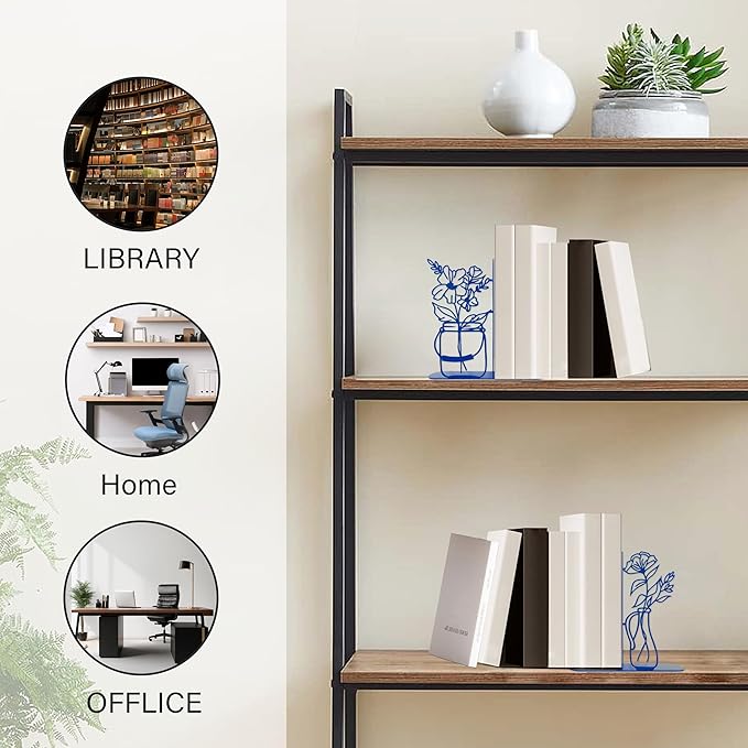 Flower Vase Bookends, Metal Decorative BookEnds for Shelves Cute Book Ends for Office Home Decor, Ideal Gift for Book Lovers (Blue)