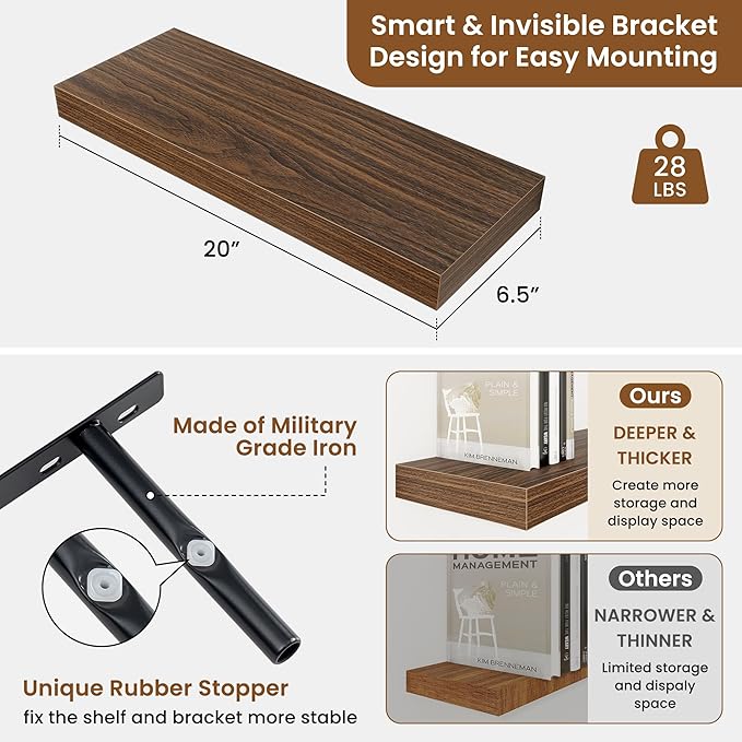 fuqing Floating Shelves for Wall, Wall Mounted Wood Floating Shelf with Invisible Brackets for Living Room, Bathroom, Bedroom, Kitchen Storage and Decor, 20 Inch Set of 2, Walnut