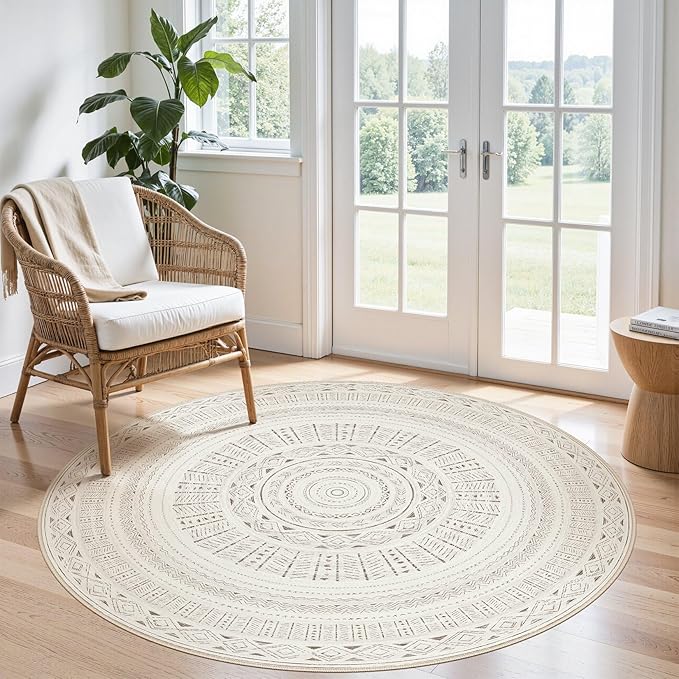 cotiled 5x5 Round Area Rug Living Room: Washable Boho Rugs with Non Slip Backing Large Soft Indoor Stain Resistant Carpet for Bedroom Farmhouse Dining Room Lightweight Home Decor L Brown/Cream