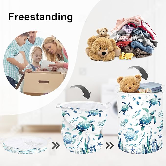 Sea Animals Laundry Hamper Ocean Fish Coral Large Storage Basket Parents Organizer Kids Clothes Toy Bins for Bedroom, Bathroom, Blue Turtles, 63L