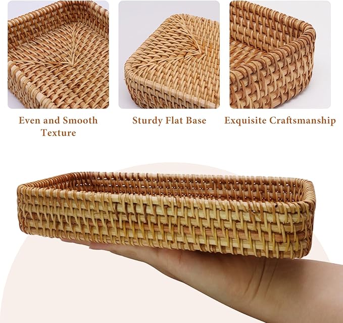 Rattan Storage Baskets, Rectangular Woven Baskets for Storage, Key Basket for Entryway, Decorative Storage Baskets for Organizing for Living Room, Bedroom, Kitchen(8.3" × 4.3" × 1.4")