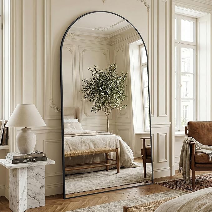 Suidia 82"x44" Arched Full Length Mirror with Stand, Full Body Mirror with Aluminum Frame, Freestanding/Leaning/Wall-Mounted, Floor Mirrors for Bedroom, Living Room, Entryway, Dressing Room, Black
