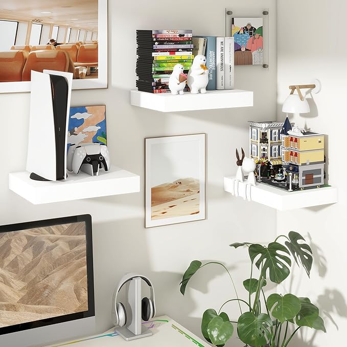 FLYJOE 12 Inch Deep Floating Shelves | 16 Inch White Floating Shelves Set of 2 | Rustic White Deep Shelves for Wall | White Wall Shelves for Living Room Bathroom Kicthen Bedroom