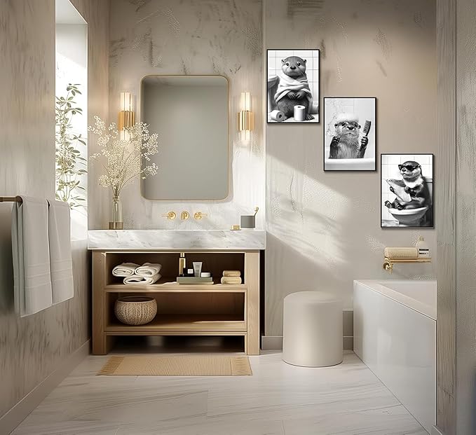 3Pcs Cute Otter Canvas Wall Art Black And White Animal Poster Print Funny otter bathing and reading newspaper Picture Painting Wall Decor for Bathroom Restroom Home Decoration Unframed