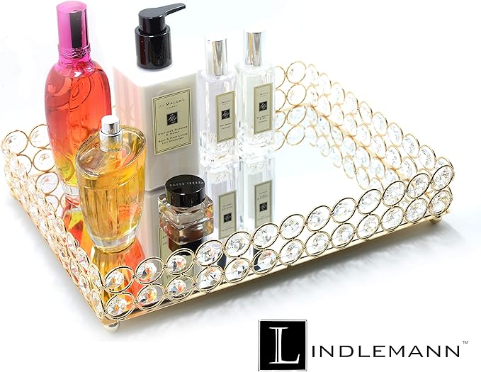 Decorative Tray Metal Mirrored Vanity Trays Crystal Ornate Perfume Jewelry Makeup Dish Dresser Countertop Organizer for Home Decoration & Holiday Party (Rectangle, 12x9in, Gold)