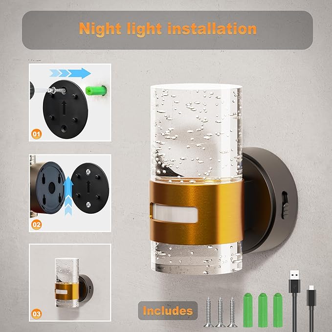 JandCase Motion Sensor Night Light, Wireless Rechargeable Night Light Wall Mounted, Motion Activated Night Lights, Dimmable Nightlight 3000K Warm White, for Bathroom Hallway Stairs
