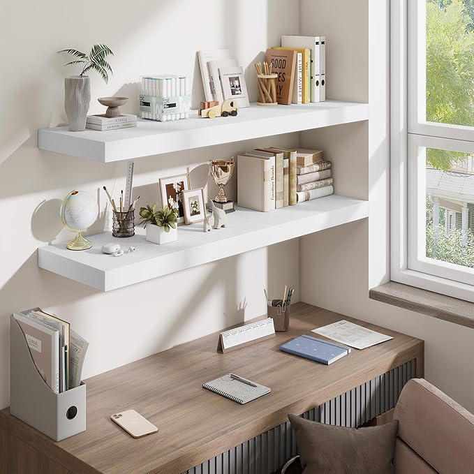 Fun Memories 48 Inch Floating Shelves for Wall - 12 Inch Deep Fireplace Mantel Shelf - Wood Floating Shelf for Wall - Large Storage Shelves Wall Mount for Living Room & Bedroom - White - Set of 2