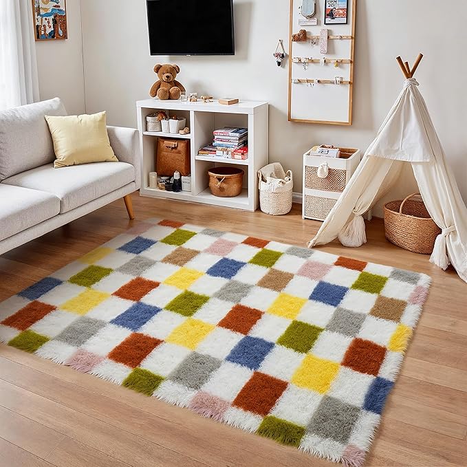 PureCozy Checkered Rug 4x6 for Living Room, Colorful Modern Shag Rug Super Soft Washable Fluffy Rugs Indoor Fuzzy Carpet for Bedroom Home Dorm Aesthetic Decor