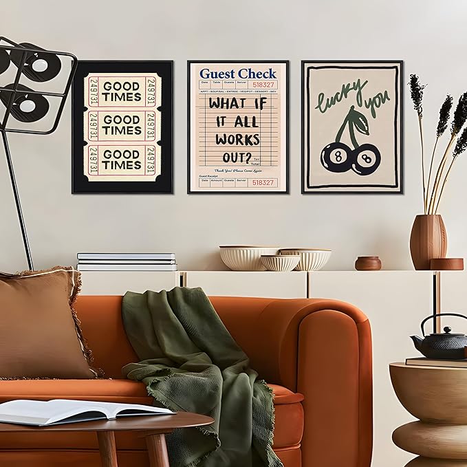 Dytila Floating Framed What If It All Works Out Quote Wall Art Set of 3, Retro Good Times Trendy Pictures Wall Decor Lucky You Vintage Room Aesthetic Paintings, Prints for Apartment Decor 12x16 in