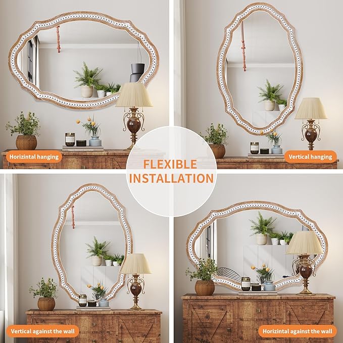 24x35 Inch Wooden Oval Mirror for Wall, Farmhouse Rustic Mirror Decorative for Bathroom Over Sink, Entryway, Living Room, Bedroom (Vertical/Horizontal)