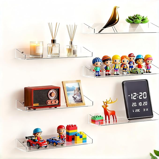 Acrylic Shelves for Bathroom Storage, 15" Floating Shelves Wall Organizer for Perfume, Make up, Skincare, Kids Bookshelf for Bedroom, Nursery, Living Room Decor, Clear, 6 Pack