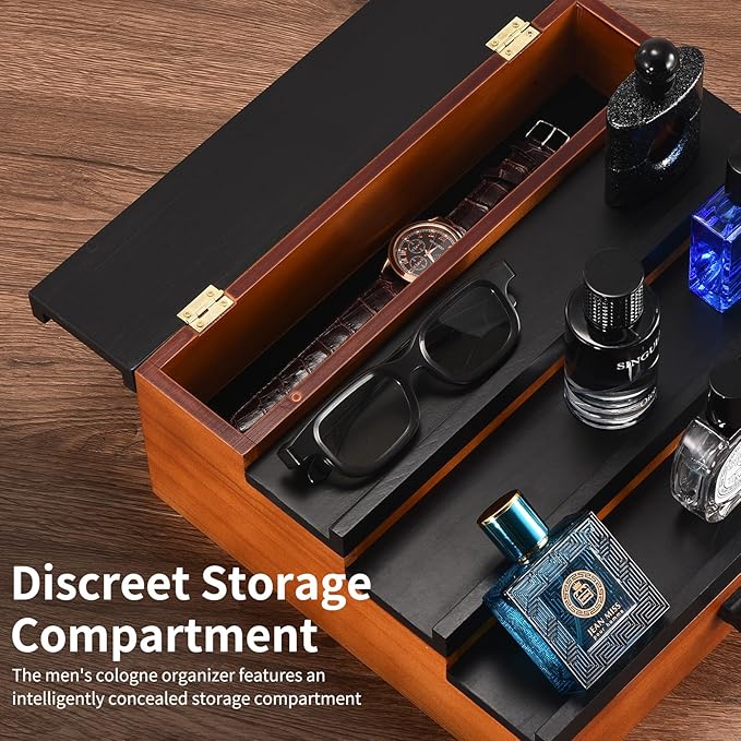 Perfume Organizer for Men, 4 Tier Wood Perfume Display Stand with Velvet Lining Drawer and Hidden Compartment for Watch,Jewelry,Perfume Display Risers,A Gift for Men (Black+Walnut)